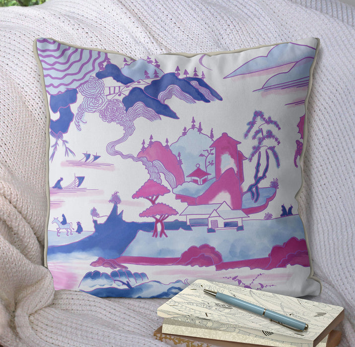 Temple Scene 1 in Pink And Blue, Chinoiserie Cushion / Throw Pillow