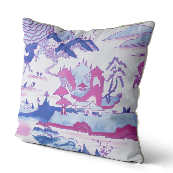 Temple Scene 1 in Pink And Blue, Chinoiserie Cushion / Throw Pillow
