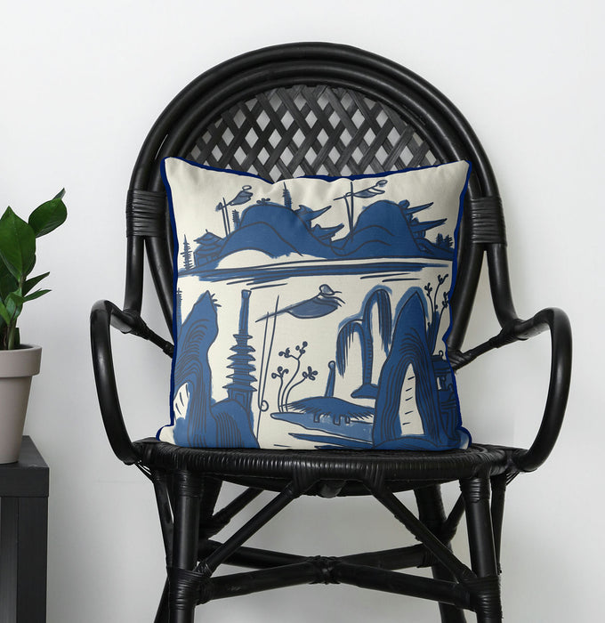 Mountains and Temples, Chinoiserie Cushion / Throw Pillow