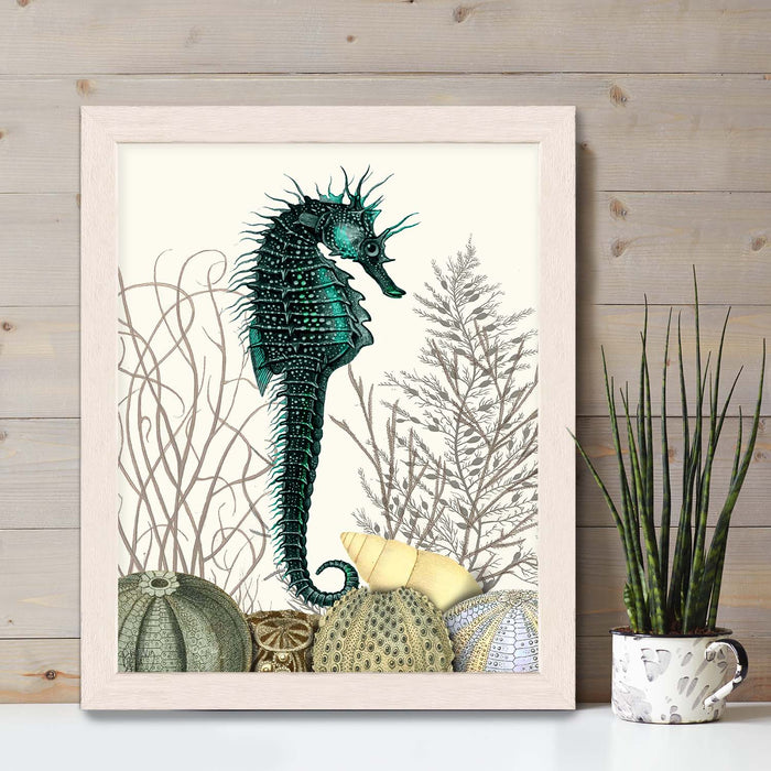 SeaHorse and Sea Urchins, Nautical print, Coastal art