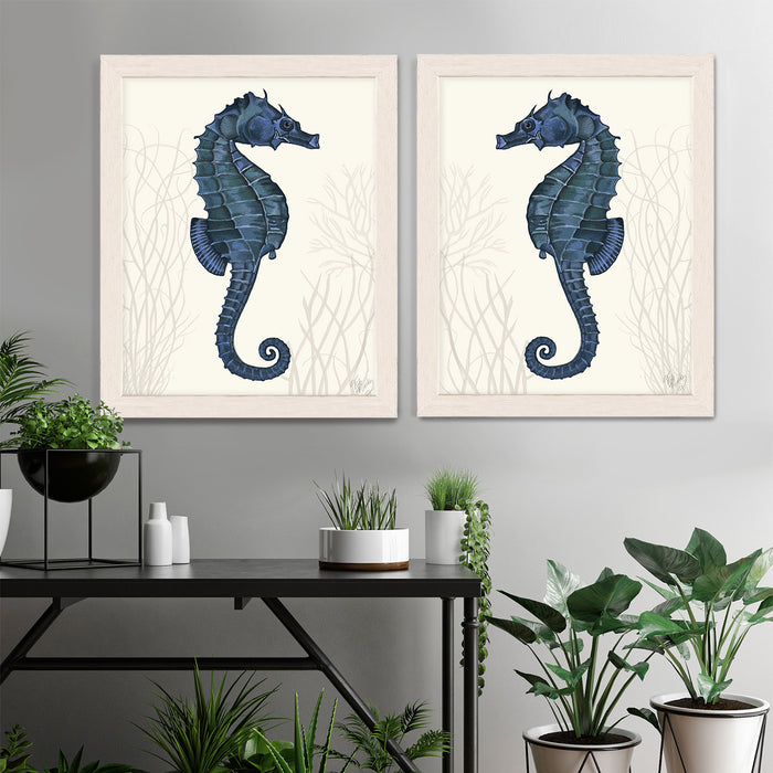 Collection - 2 Prints, Blue Seahorses on Cream, Nautical print, Coastal art
