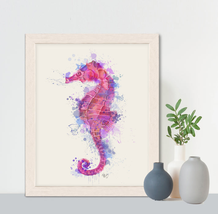 Seahorse Rainbow Splash Blue or Pink, Nautical, Coastal Art Print