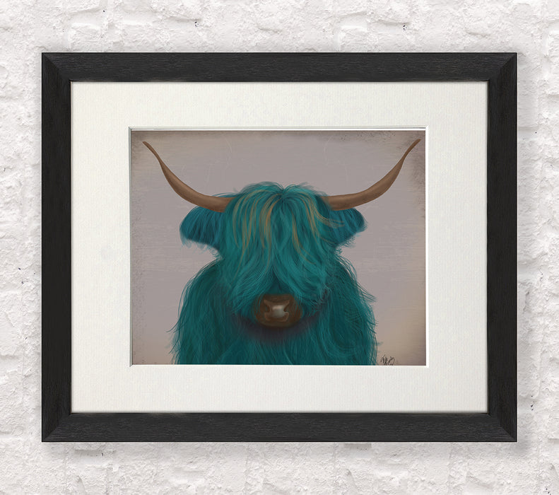 Highland Cow 3, Turquoise, Portrait, Animal Art Print