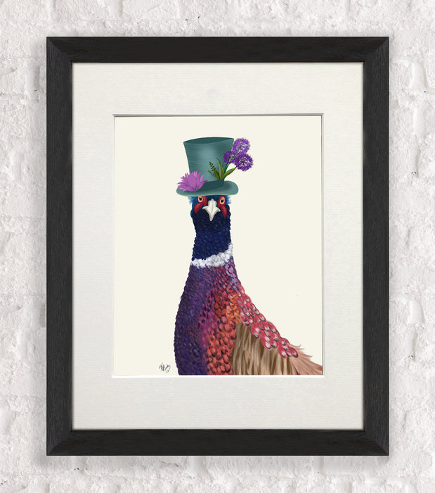 Pheasant in Blue Hat, Art Print, Canvas, Wall Art