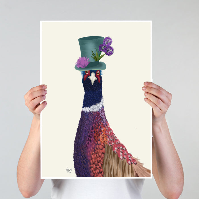 Pheasant in Blue Hat, Art Print, Canvas, Wall Art