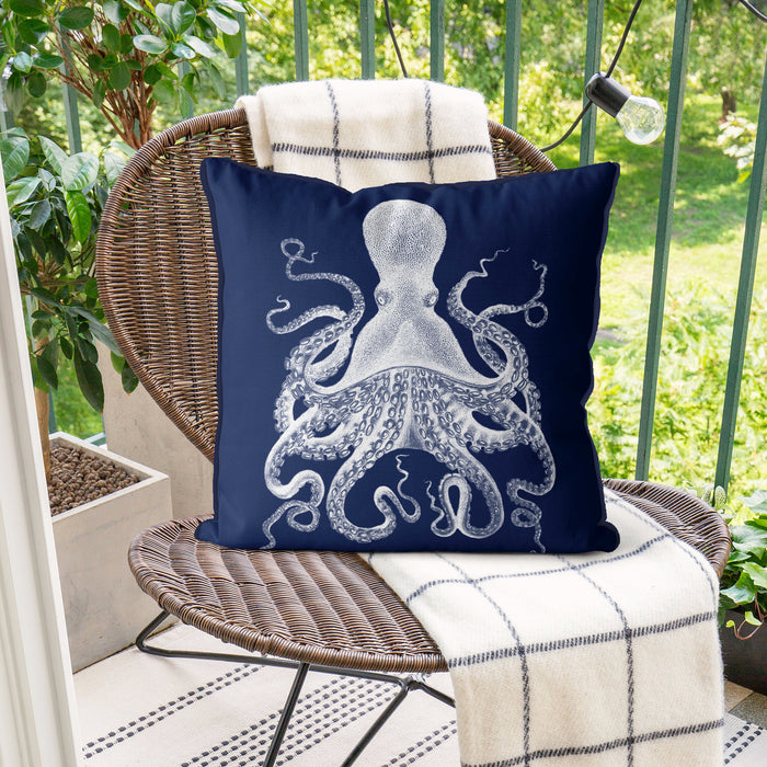 Blue Octopus 3, Blue & White Coastal Cushion / Throw Pillow