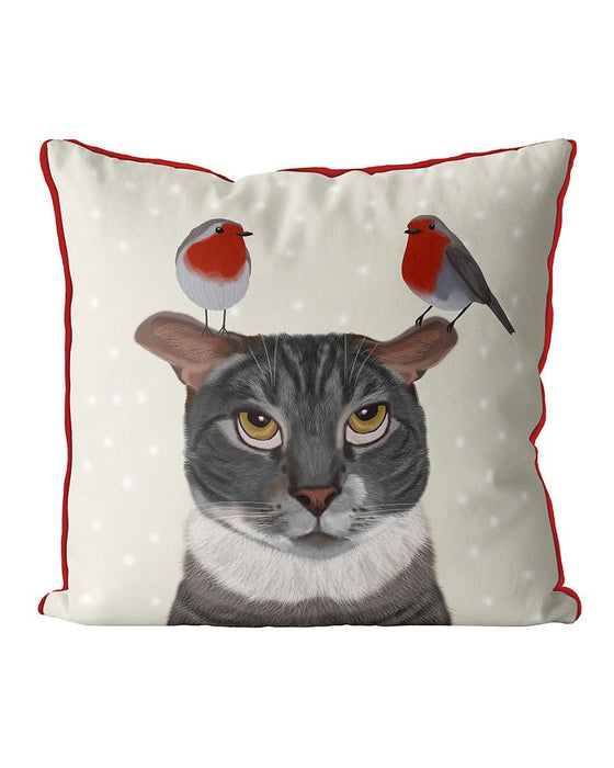 Grey Cat and Robins, Cushion / Throw Pillow