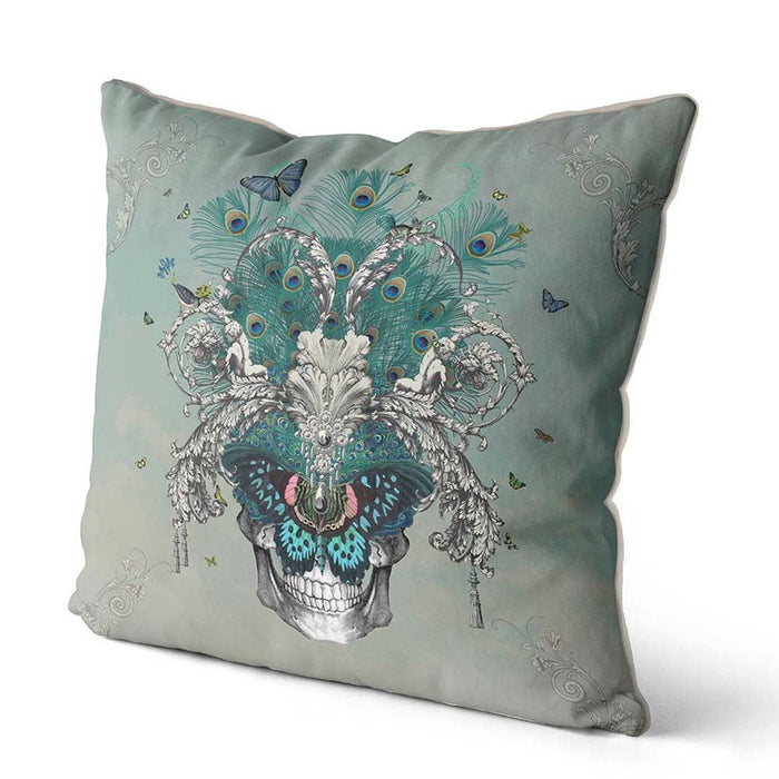 Baroque Skull 1 Butterfly & Peacock Feather Cushion / Throw Pillow