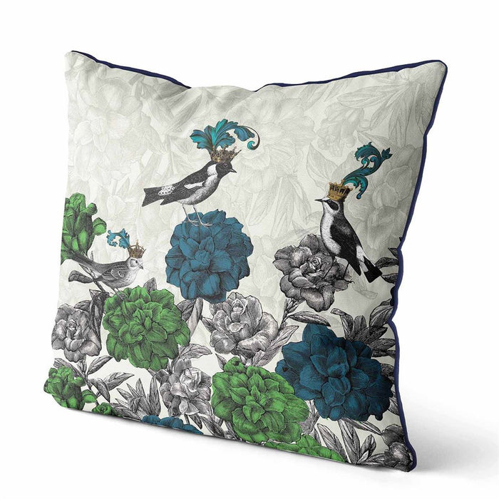Blooming Birds, Blue and Green 1, Cushion / Throw Pillow