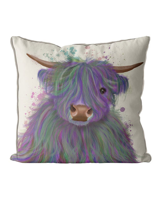 Highland Cow 10, Purple and Green, Cushion / Throw Pillow