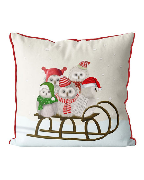 Owls Sledding in Snow, Christmas Cushion / Throw Pillow