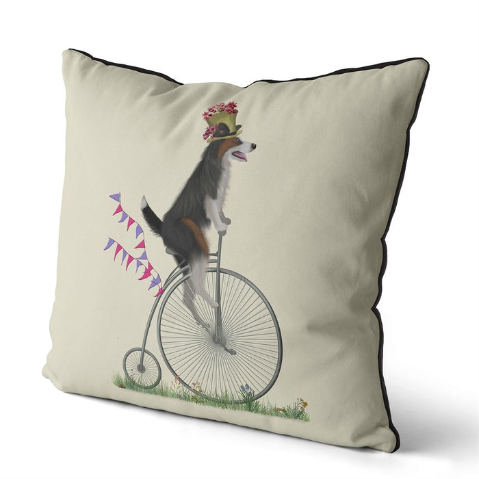 Border Collie Tricolour on Penny Farthing, Cushion / Throw Pillow