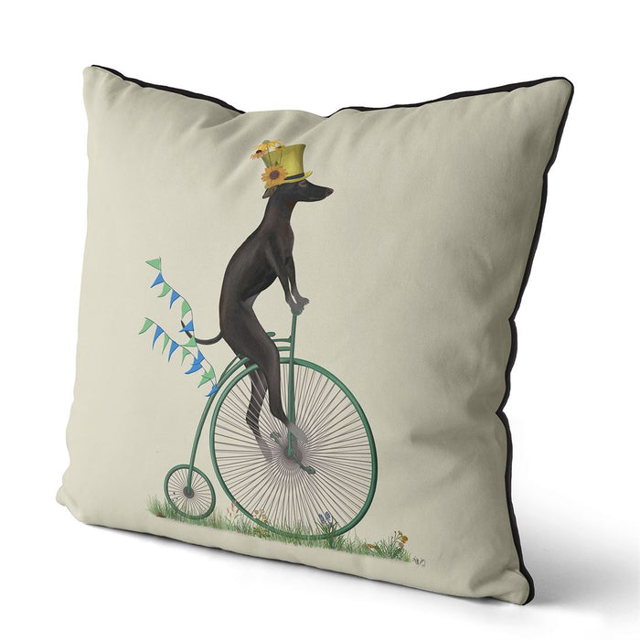 Greyhound Black on Penny Farthing, Cushion / Throw Pillow