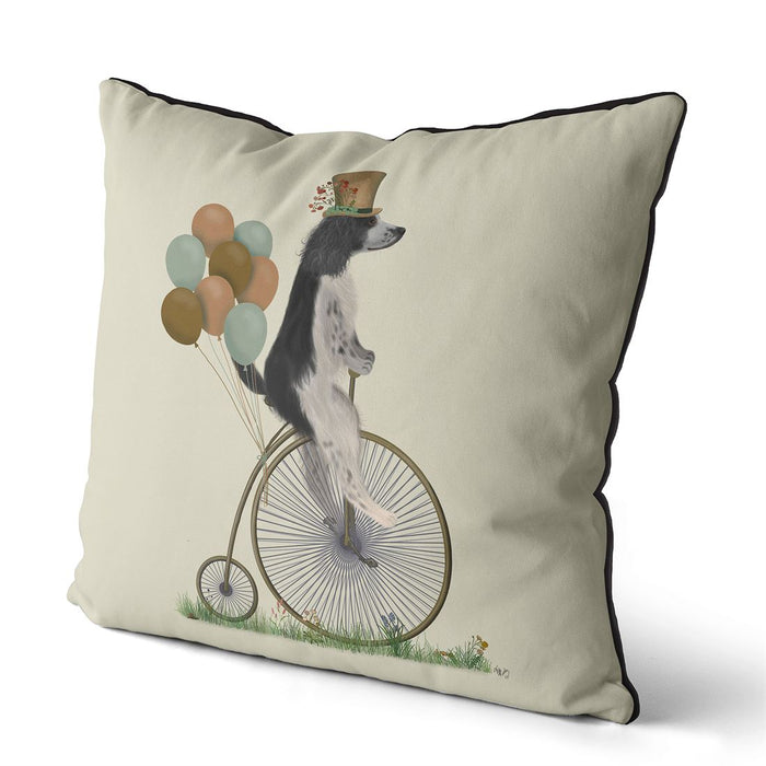 Springer Spaniel Black and White on Penny Farthing, Cushion / Throw Pillow
