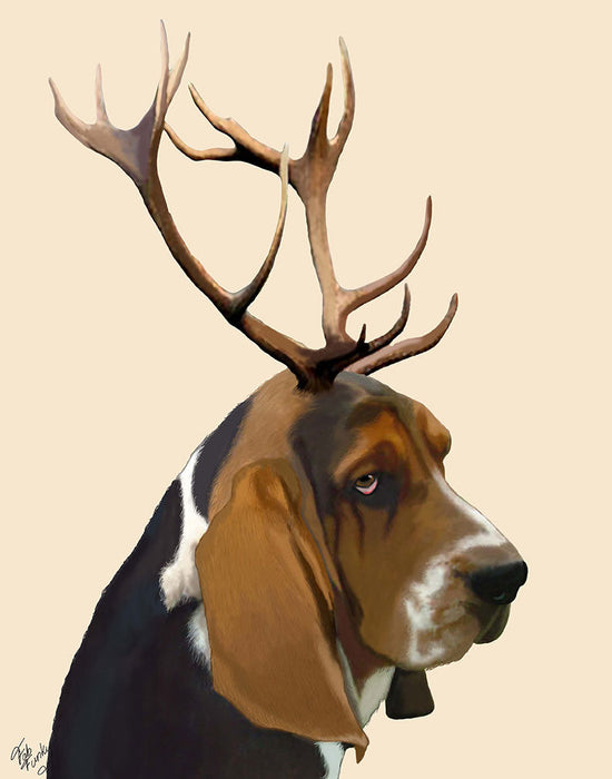 Basset Hound and Antlers, Dog Art Print, Wall art | FabFunky