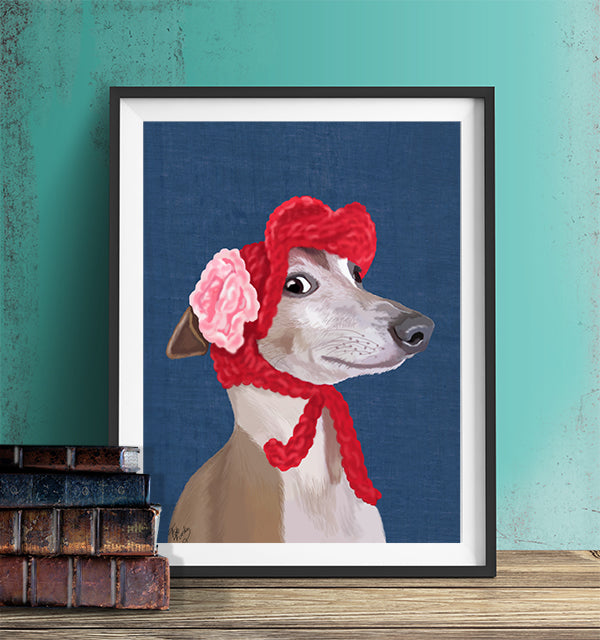 Greyhound with Red Woolly Hat, Dog Art Print, Wall art | Print 14x11inch