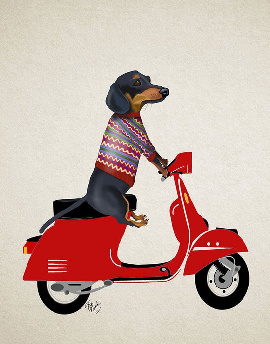 Dachshund on a Moped, Dog Art Print, Wall art | FabFunky