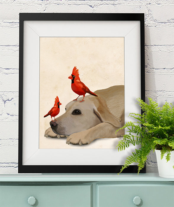 Labrador with Red Birds, Dog Art Print, Wall art | Print 14x11inch