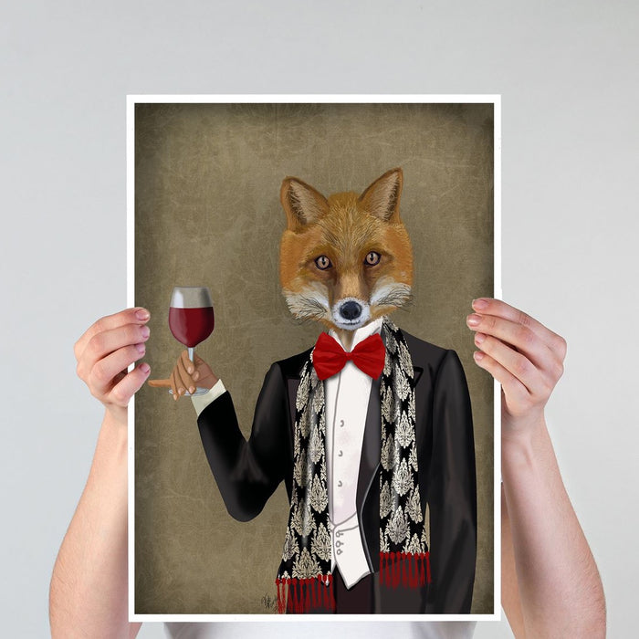 Fox in Black Jacket with Wine, Art Print, Canvas Wall Art | Canvas 11x14inch