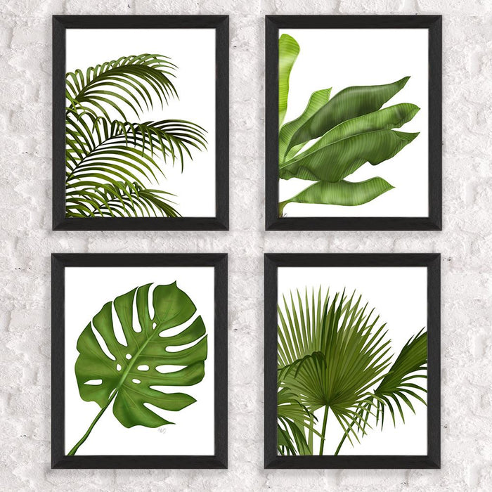 Collection - 4 Prints, Tropical Leaves 1, Green on White, Nautical print, Coastal art