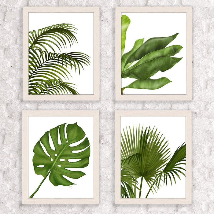Collection - 4 Prints, Tropical Leaves 1, Green on White, Nautical print, Coastal art