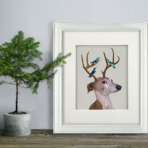 Greyhound and Antlers - Grey, Dog Art Print, Wall art | Print 14x11inch