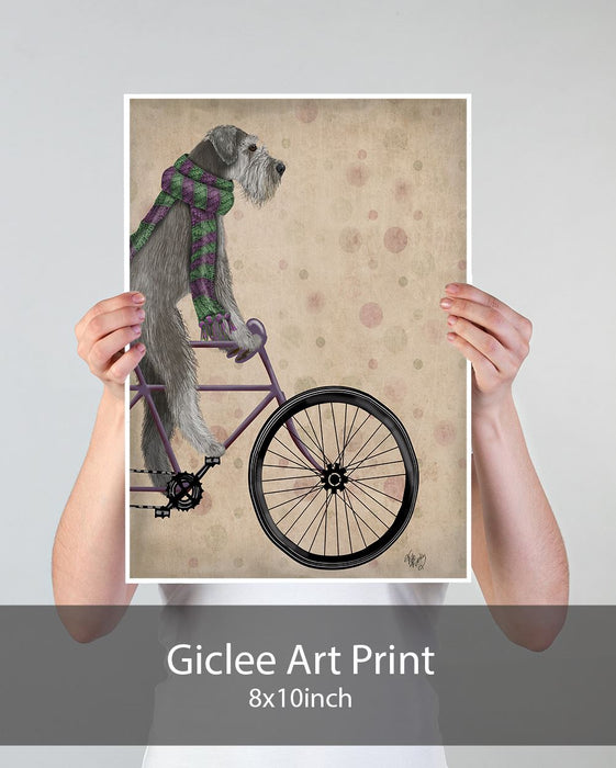Schnauzer on Bicycle, Grey, Dog Art Print, Wall art | Print 18x24inch