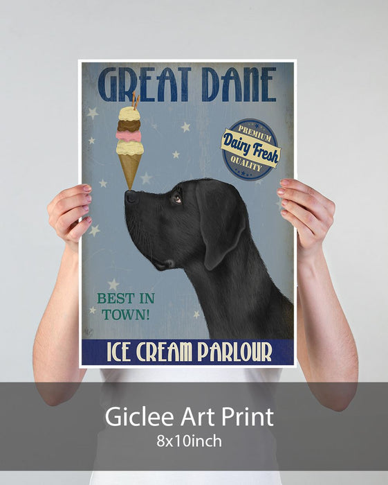 Great Dane, Black, Ice Cream, Dog Art Print, Wall art | Print 18x24inch