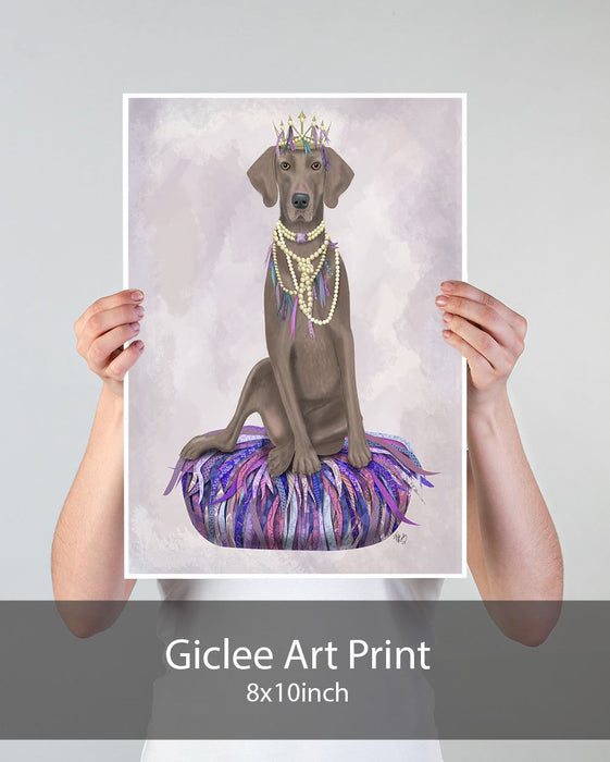 Weimaraner on Purple Cushion, Dog Art Print, Wall art | Print 18x24inch