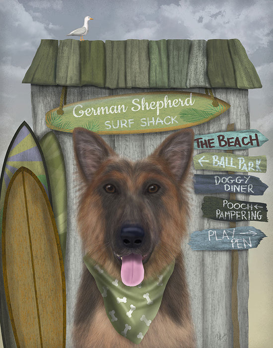German Shepherd Surf Shack, Dog Art Print, Wall art