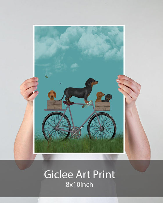 Dachshunds on Bicycle, Dog Art Print, Wall art | Print 18x24inch
