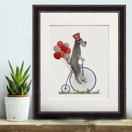 Schnauzer Grey on Penny Farthing, Dog Art Print, Wall art | Print 14x11inch