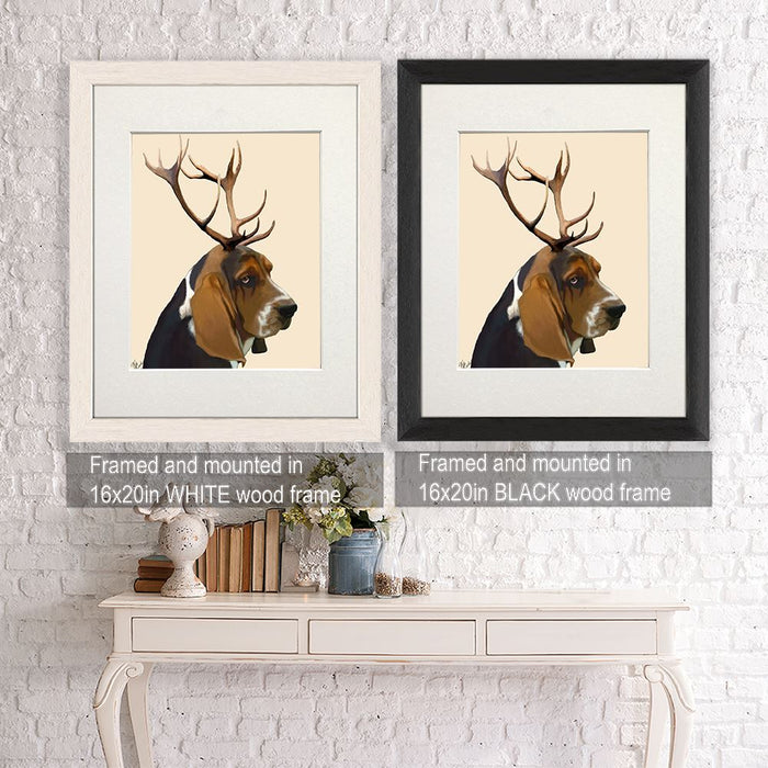 Basset Hound and Antlers, Dog Art Print, Wall art | Canvas 11x14inch