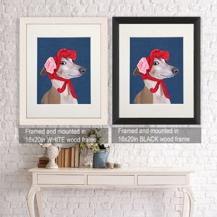 Greyhound with Red Woolly Hat, Dog Art Print, Wall art | Canvas 18x24inch