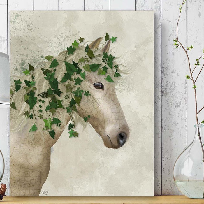 Horse Porcelain with Ivy, Animal Art Print, Wall Art | Framed Black