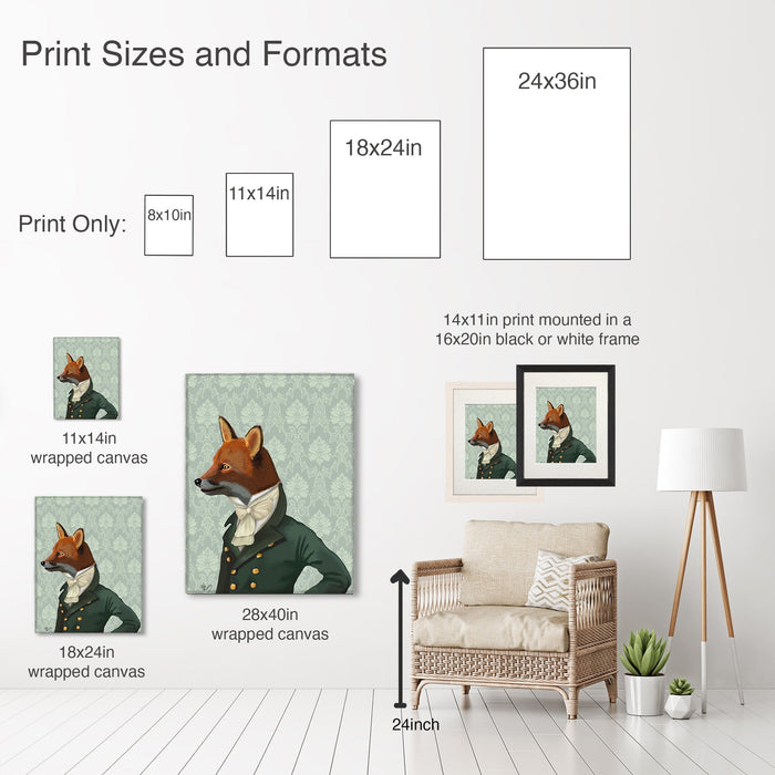 Fox with Red Scarf, Art Print, Canvas Wall Art | Framed Black